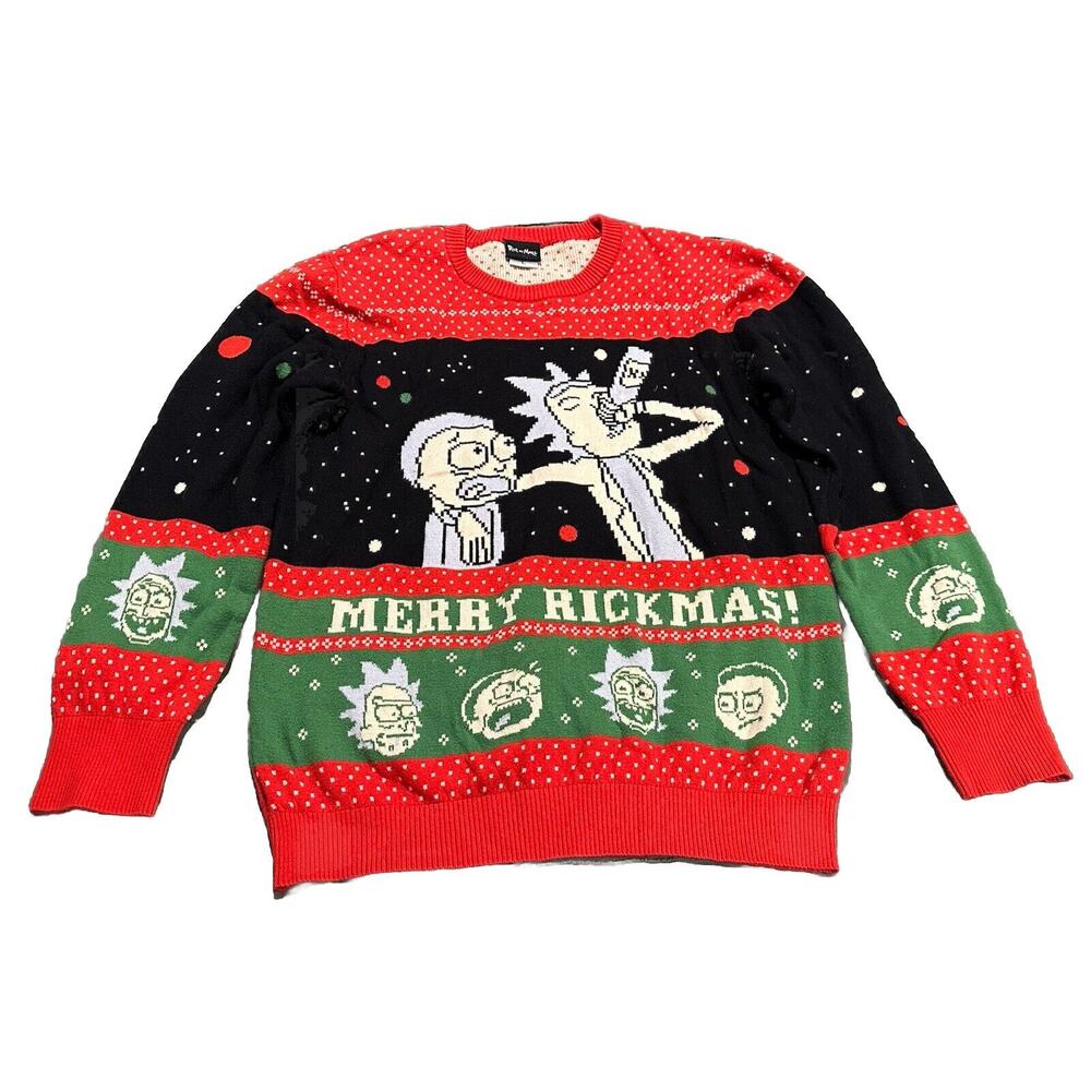 Ugly Christmas Sweater Men's "Merry Rickmas" Rick and Morty Cartoon Large L
